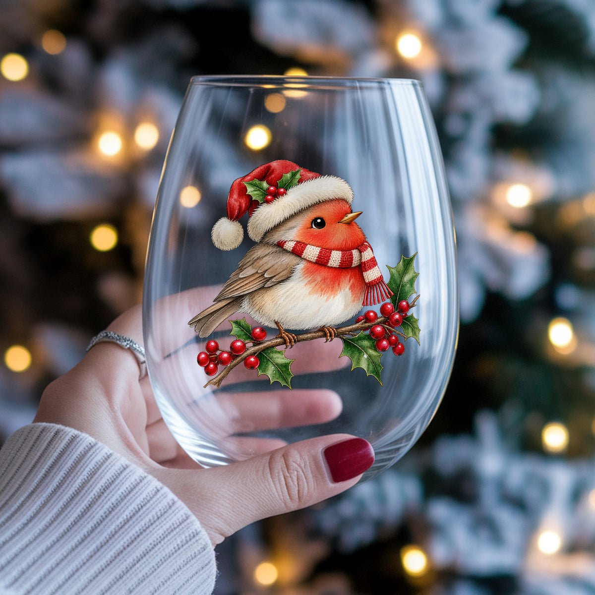 Robin In Santa Hat On Holly Branch UV DTF sticker applied to a stemless wine glass held in hand