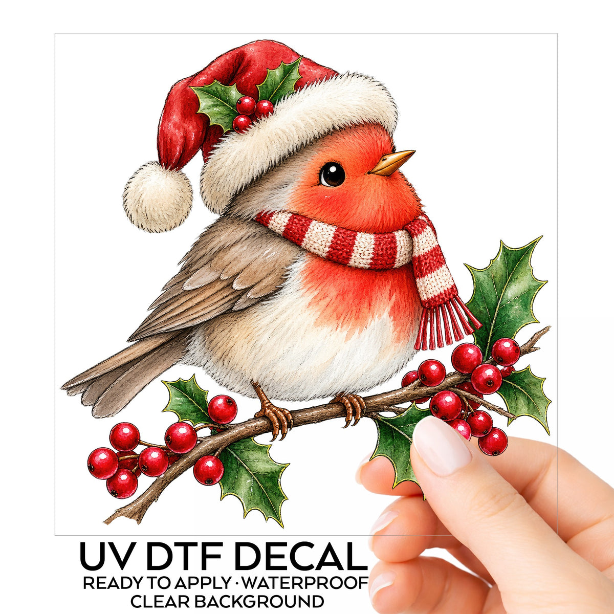 Robin In Santa Hat On Holly Branch UV DTF sticker on its backing card, held in hand