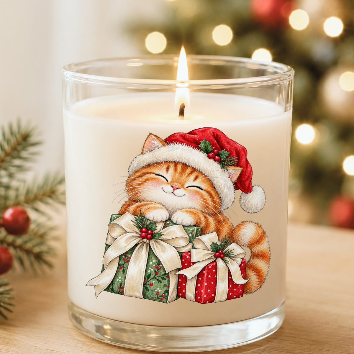 Orange Kitten With Christmas Gifts UV DTF sticker applied to a white candle in a glass holder near Christmas lights