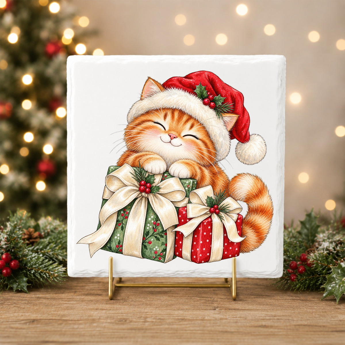 Orange Kitten With Christmas Gifts UV DTF sticker applied to a white tile on a gold stand