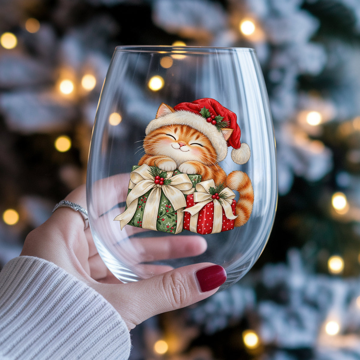 Orange Kitten With Christmas Gifts UV DTF sticker applied to a stemless wine glass held in hand