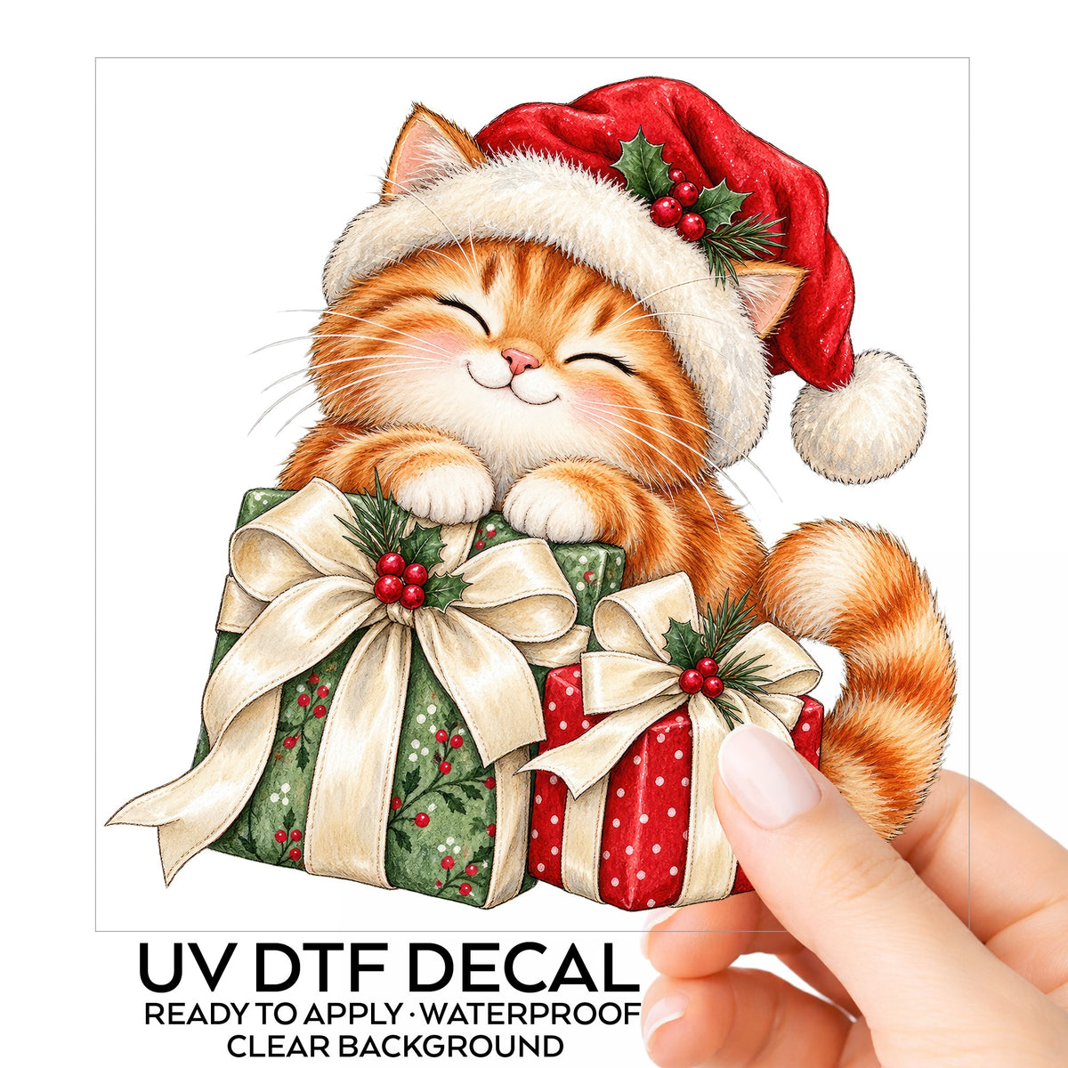 Orange Kitten With Christmas Gifts UV DTF sticker on its backing card, held in hand