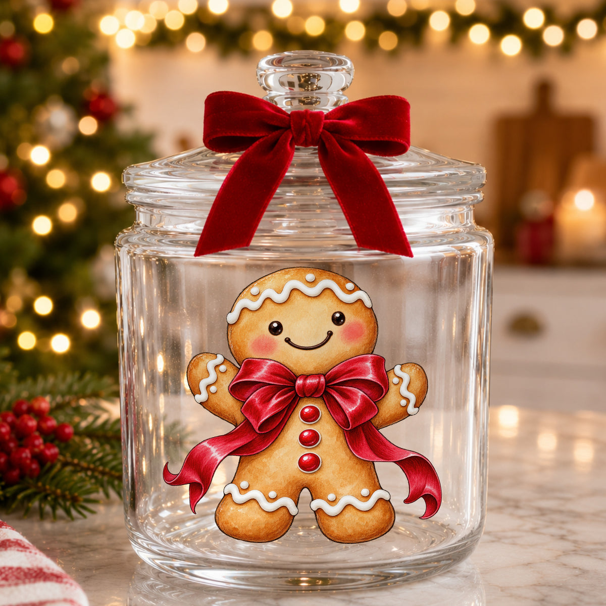 Gingerbread Man With Red Bow UV DTF sticker applied to a glass candy jar tied with a red bow