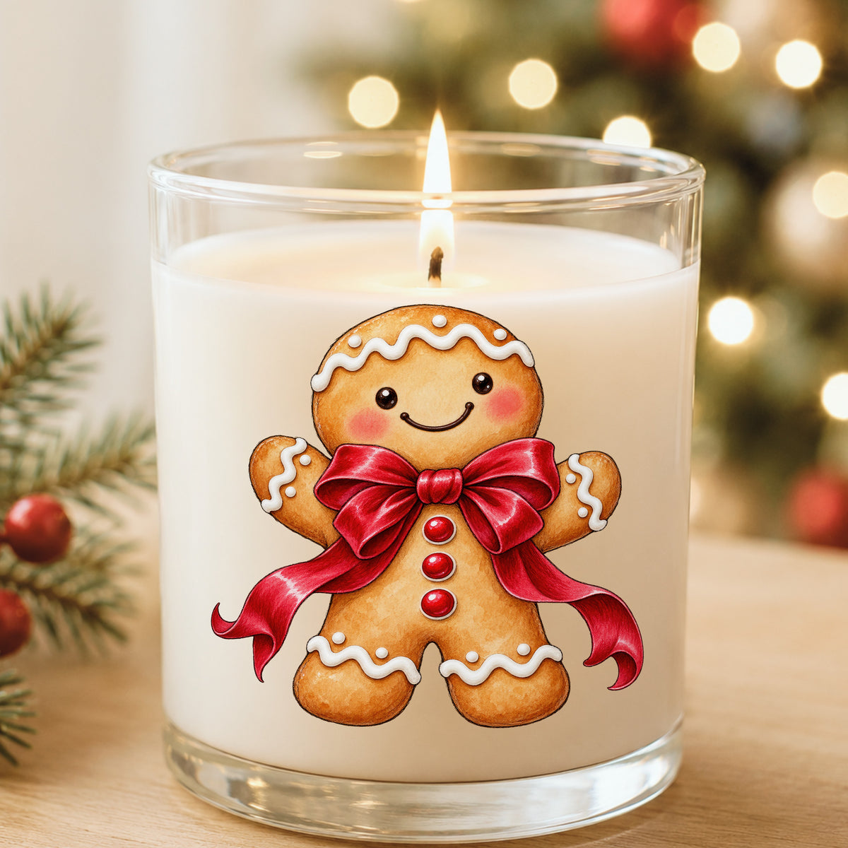 Gingerbread Man With Red Bow UV DTF sticker applied to a white candle in a glass holder near Christmas lights
