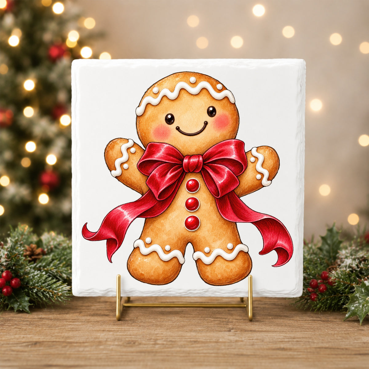 Gingerbread Man With Red Bow UV DTF sticker applied to a white tile on a gold stand