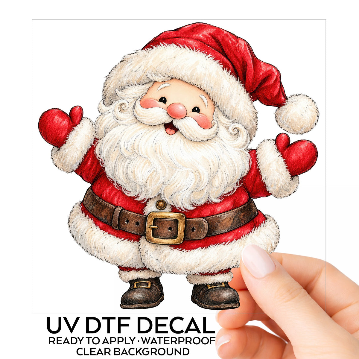 Jolly Santa Claus With Open Arms UV DTF sticker on its backing card, held in hand