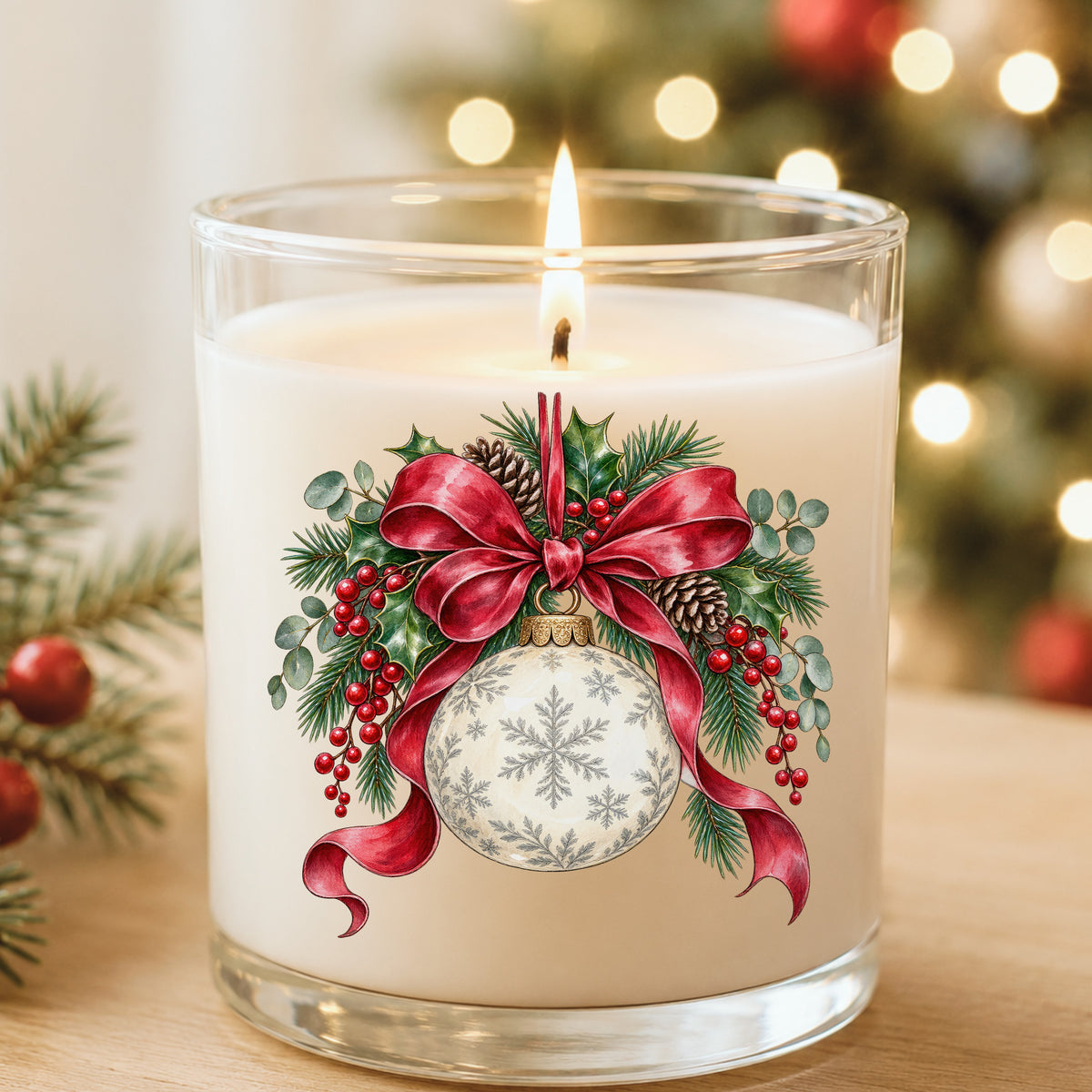 Snowflake Ornament With Red Bow UV DTF sticker applied to a white candle in a glass holder near Christmas lights