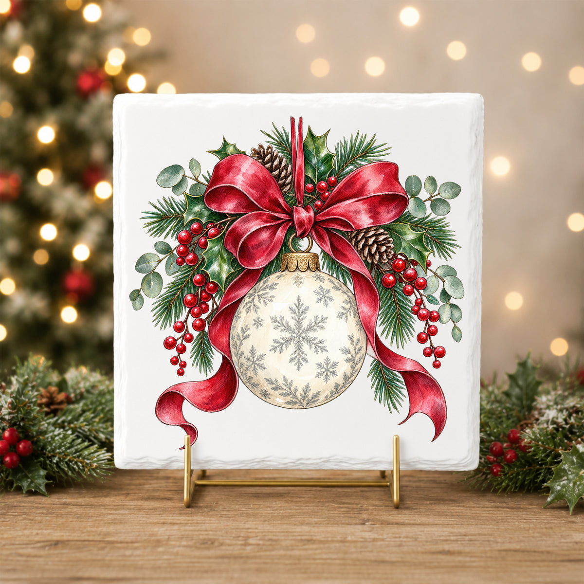Snowflake Ornament With Red Bow UV DTF sticker applied to a white tile on a gold stand