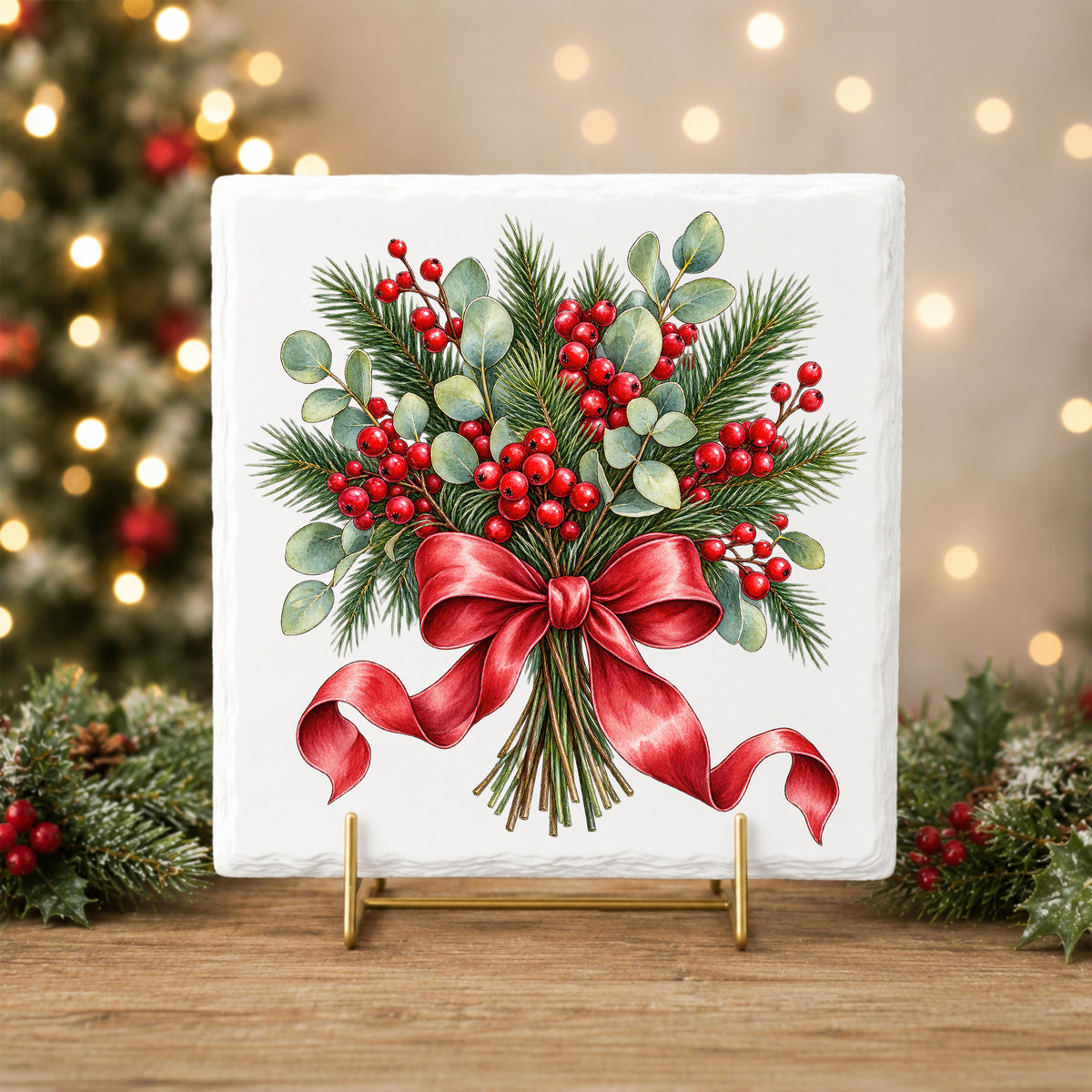 Winter Berry Bouquet With Red Bow UV DTF sticker applied to a white tile on a gold stand