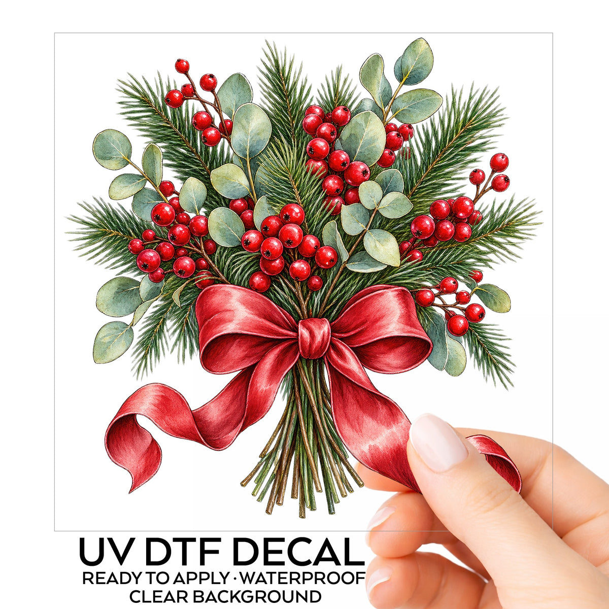 Winter Berry Bouquet With Red Bow UV DTF sticker on its backing card, held in hand