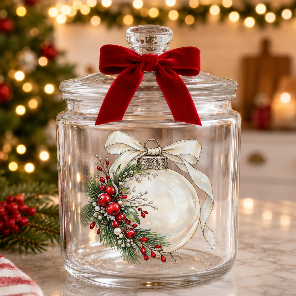 Cream Glass Ornament With Ribbon UV DTF sticker applied to a glass candy jar tied with a red bow