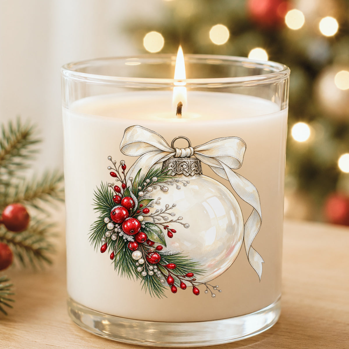 Cream Glass Ornament With Ribbon UV DTF sticker applied to a white candle in a glass holder near Christmas lights