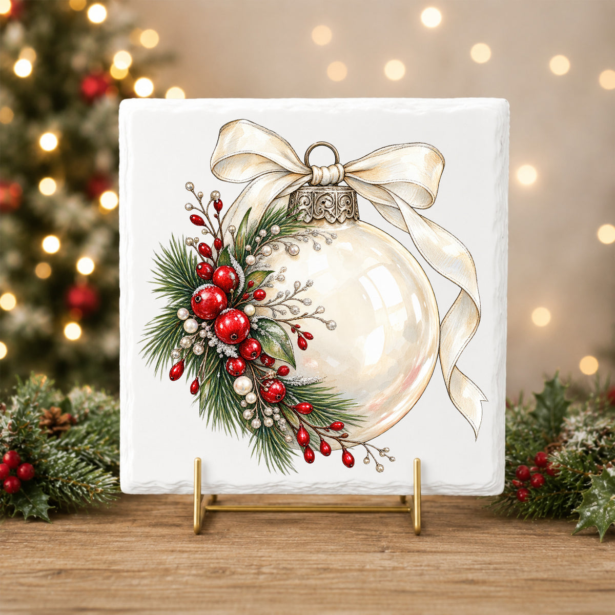 Cream Glass Ornament With Ribbon UV DTF sticker applied to a white tile on a gold stand