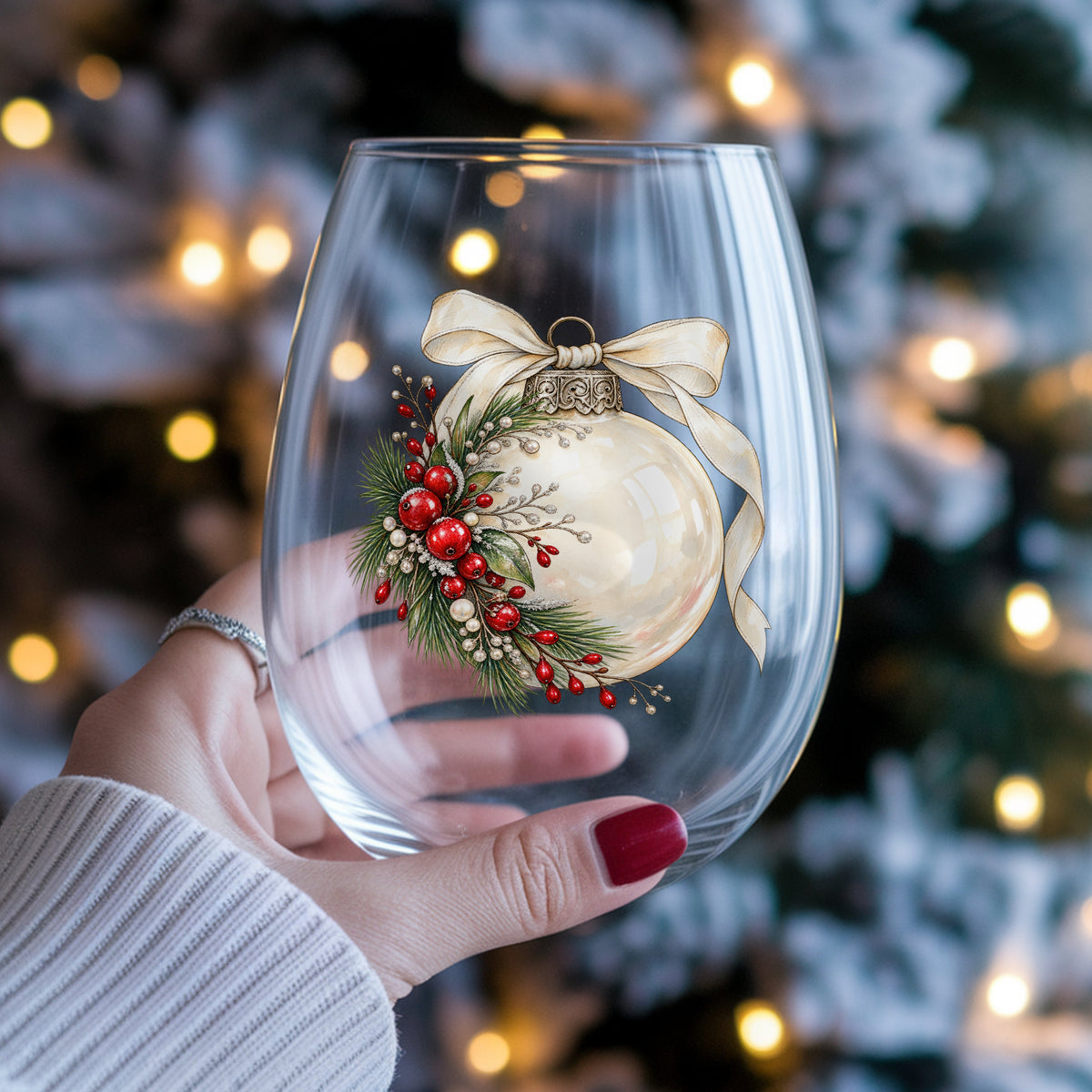 Cream Glass Ornament With Ribbon UV DTF sticker applied to a stemless wine glass held in hand