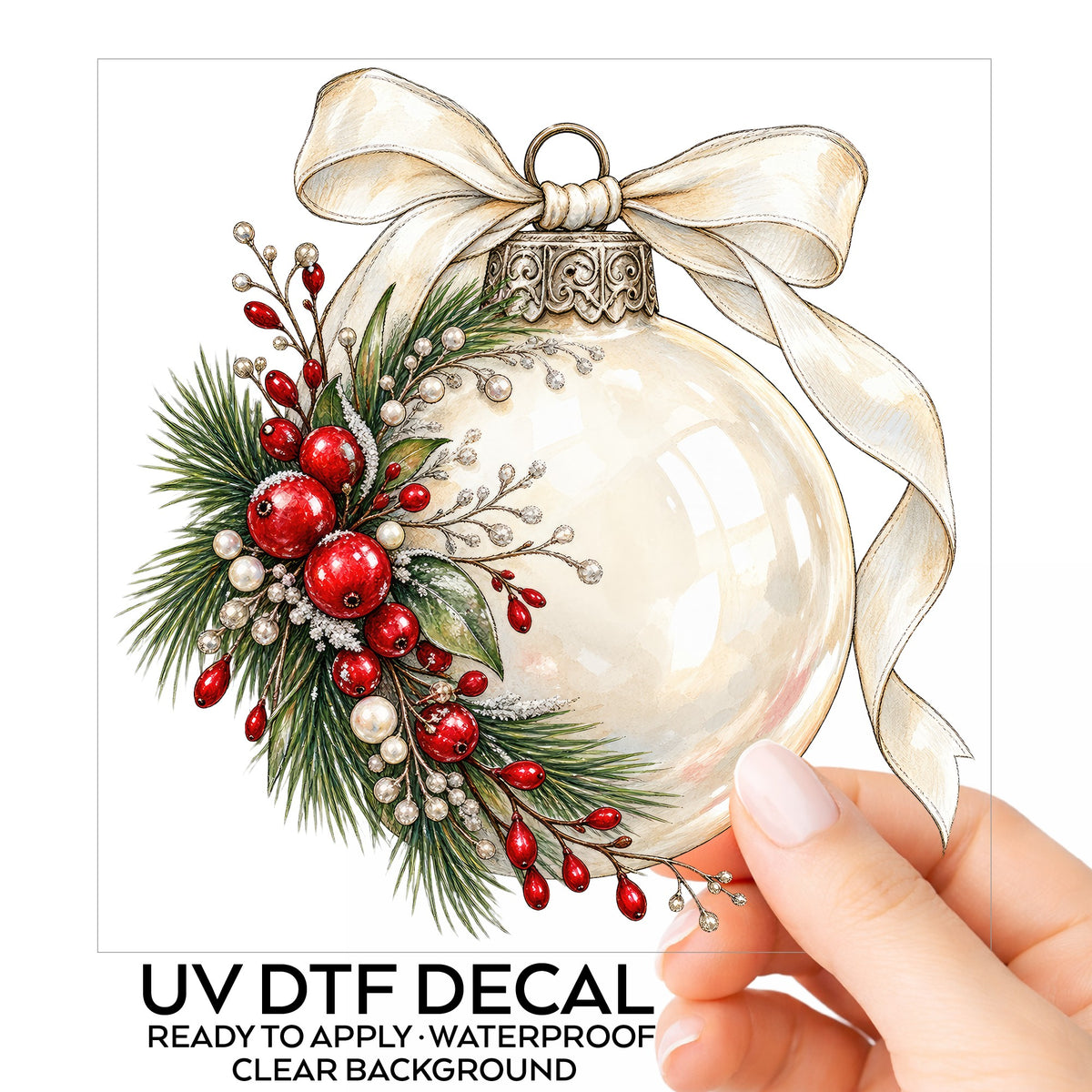 Cream Glass Ornament With Ribbon UV DTF sticker on its backing card, held in hand