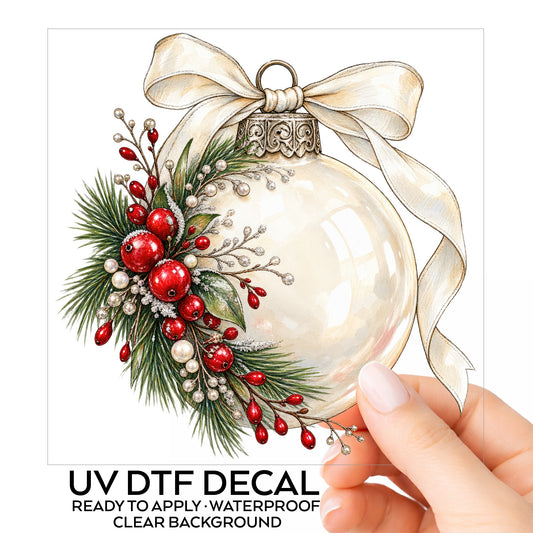 Cream Glass Ornament With Ribbon UV DTF sticker on its backing card, held in hand