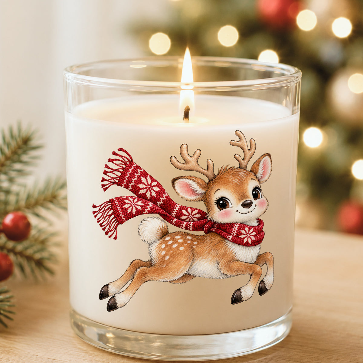 Leaping Reindeer In Nordic Scarf UV DTF sticker applied to a white candle in a glass holder near Christmas lights