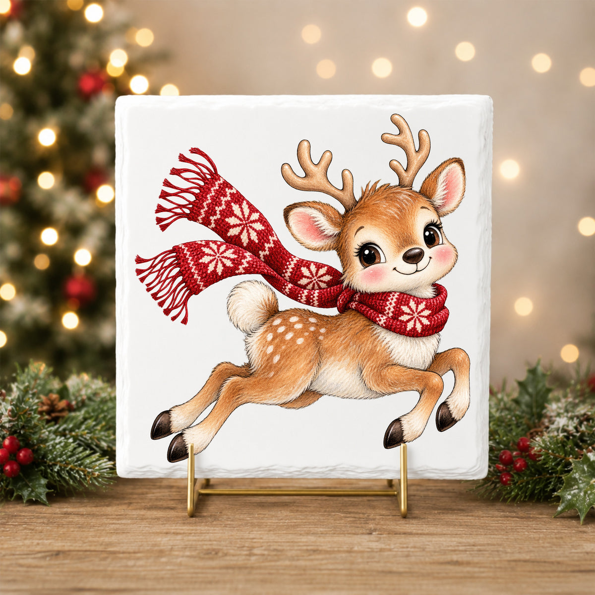 Leaping Reindeer In Nordic Scarf UV DTF sticker applied to a white tile on a gold stand