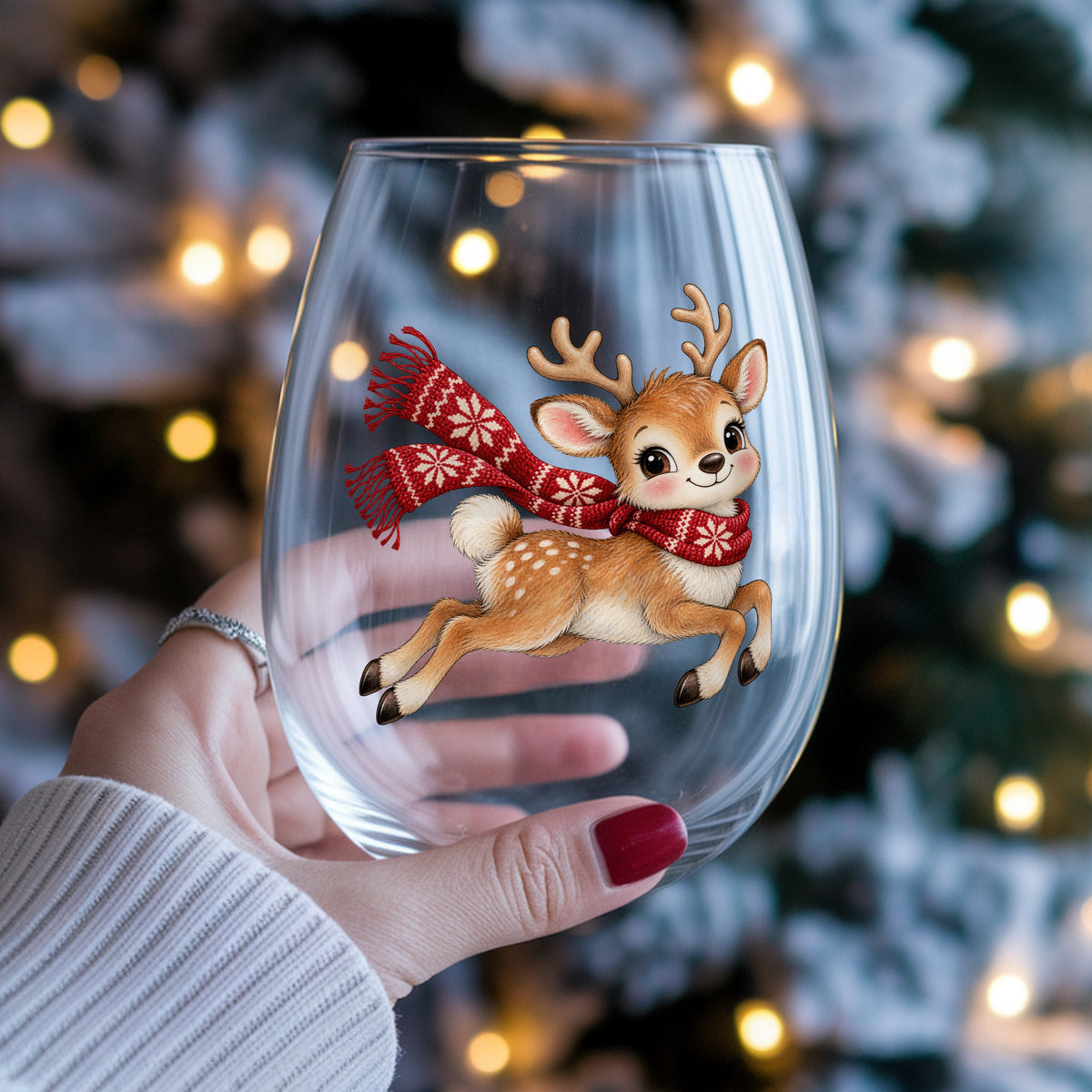 Leaping Reindeer In Nordic Scarf UV DTF sticker applied to a stemless wine glass held in hand