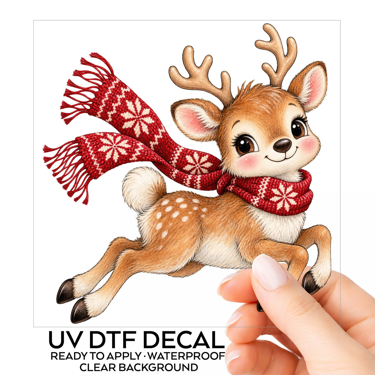 Leaping Reindeer In Nordic Scarf UV DTF sticker on its backing card, held in hand