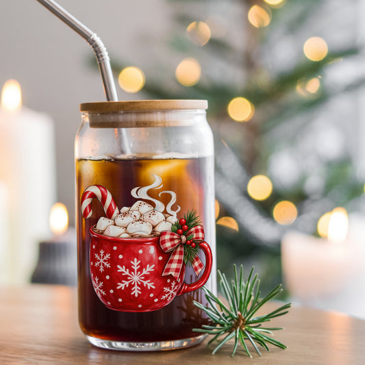Hot Cocoa Mug With Marshmallows UV DTF sticker applied to a glass can cup of iced coffee with a straw
