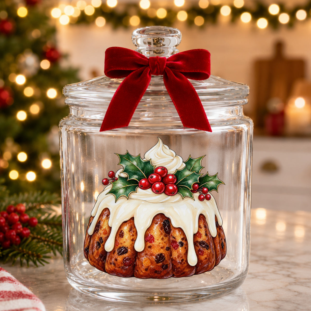 Christmas Fruitcake Bundt With Holly UV DTF sticker applied to a glass candy jar tied with a red bow