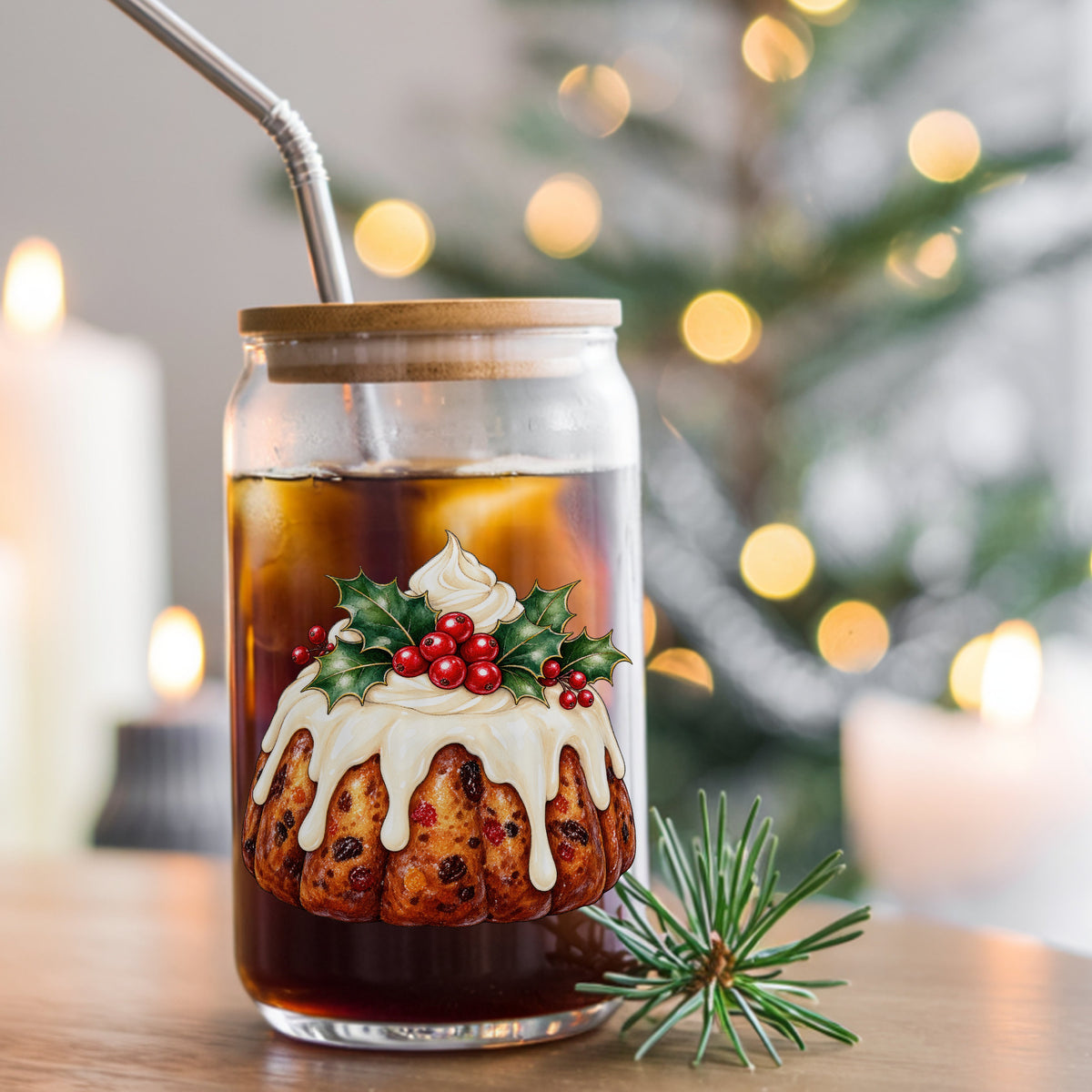 Christmas Fruitcake Bundt With Holly UV DTF sticker applied to a glass can cup of iced coffee with a straw