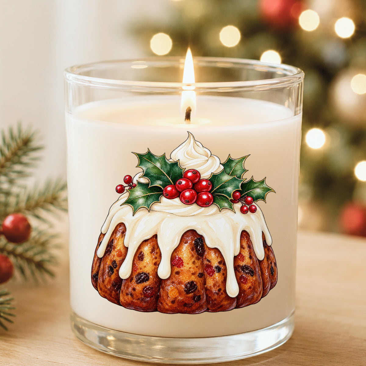 Christmas Fruitcake Bundt With Holly UV DTF sticker applied to a white candle in a glass holder near Christmas lights
