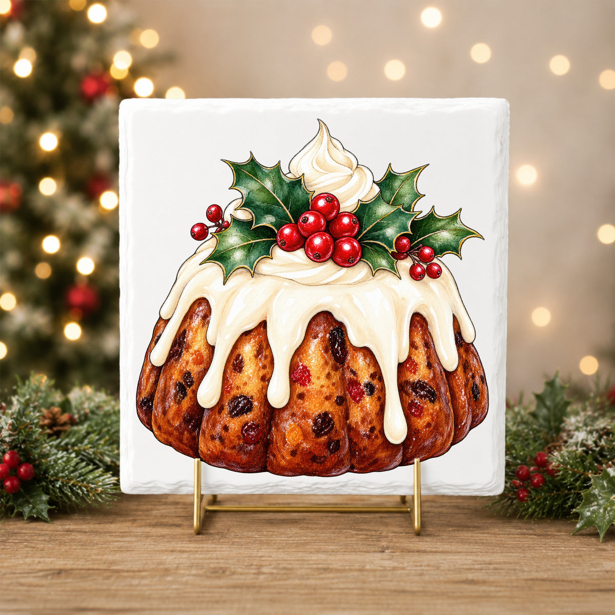Christmas Fruitcake Bundt With Holly UV DTF sticker applied to a white tile on a gold stand