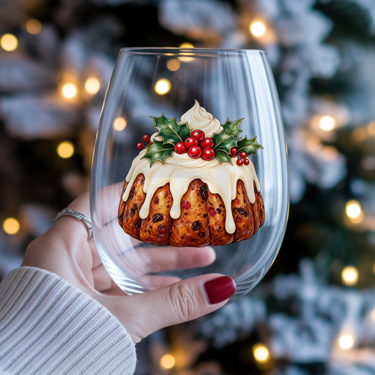 Christmas Fruitcake Bundt With Holly UV DTF sticker applied to a stemless wine glass held in hand