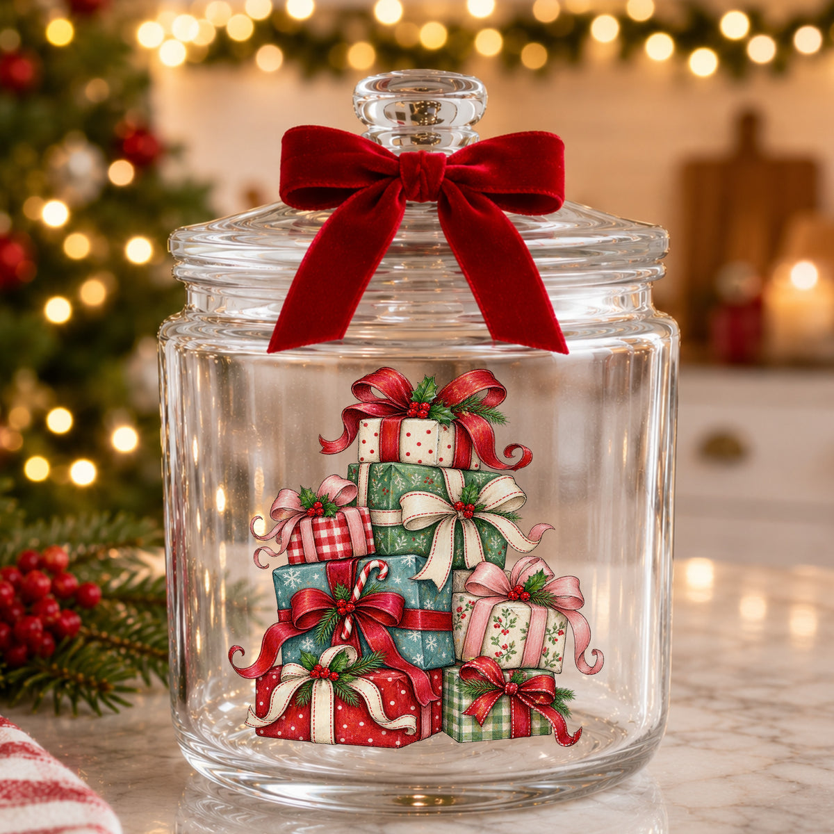 Stack Of Christmas Presents UV DTF sticker applied to a glass candy jar tied with a red bow