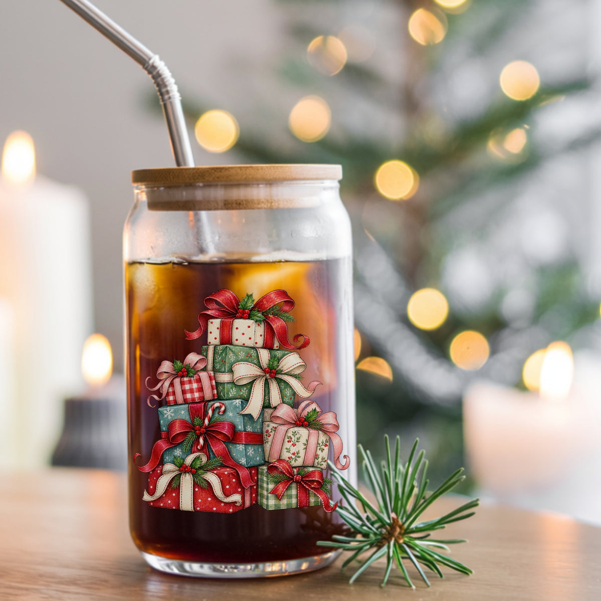 Stack Of Christmas Presents UV DTF sticker applied to a glass can cup of iced coffee with a straw