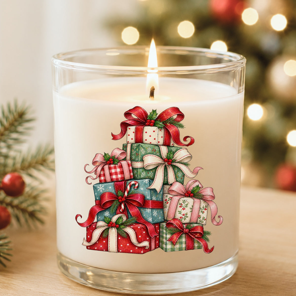Stack Of Christmas Presents UV DTF sticker applied to a white candle in a glass holder near Christmas lights