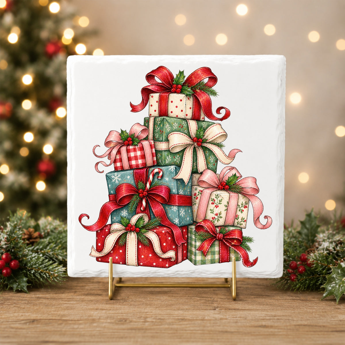 Stack Of Christmas Presents UV DTF sticker applied to a white tile on a gold stand