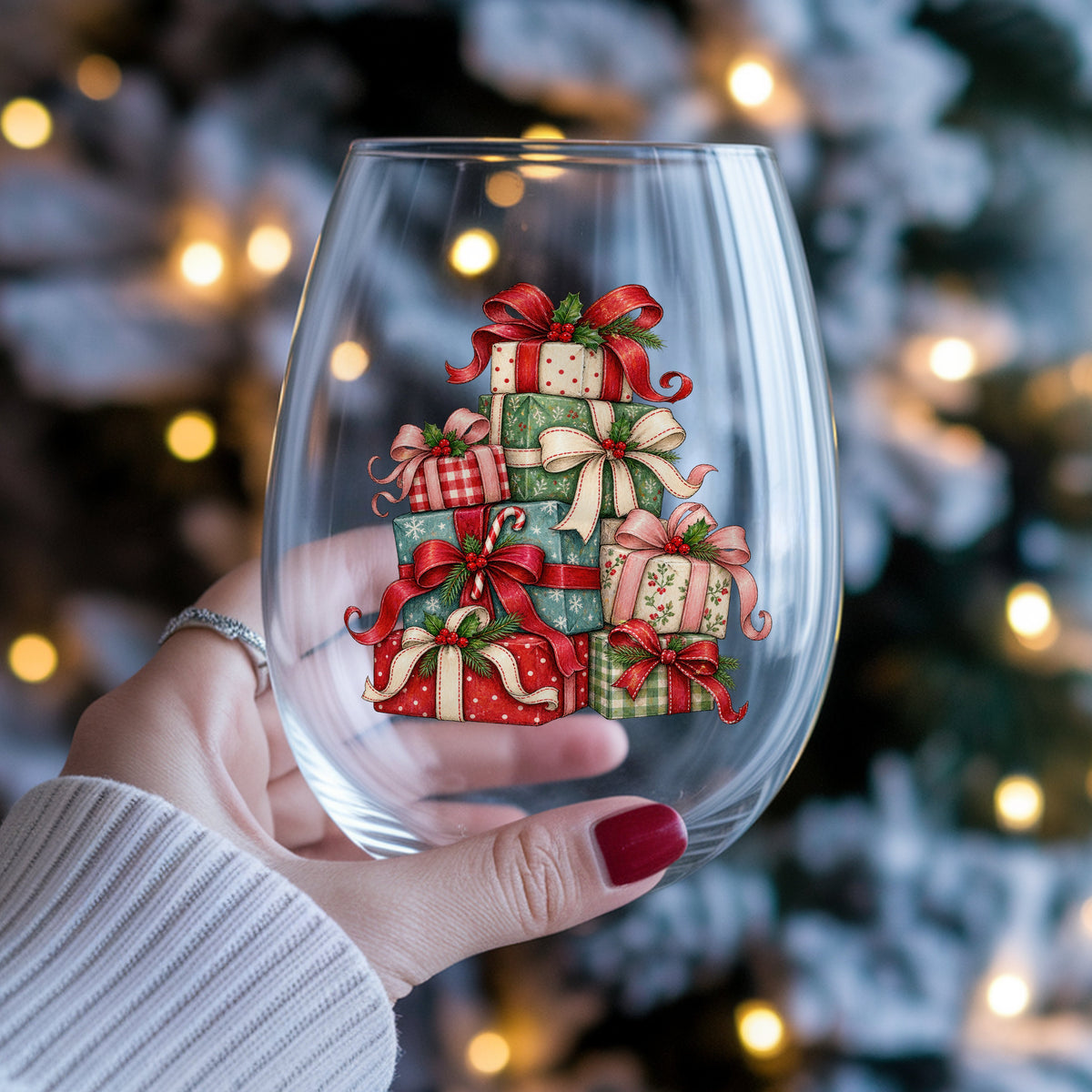 Stack Of Christmas Presents UV DTF sticker applied to a stemless wine glass held in hand