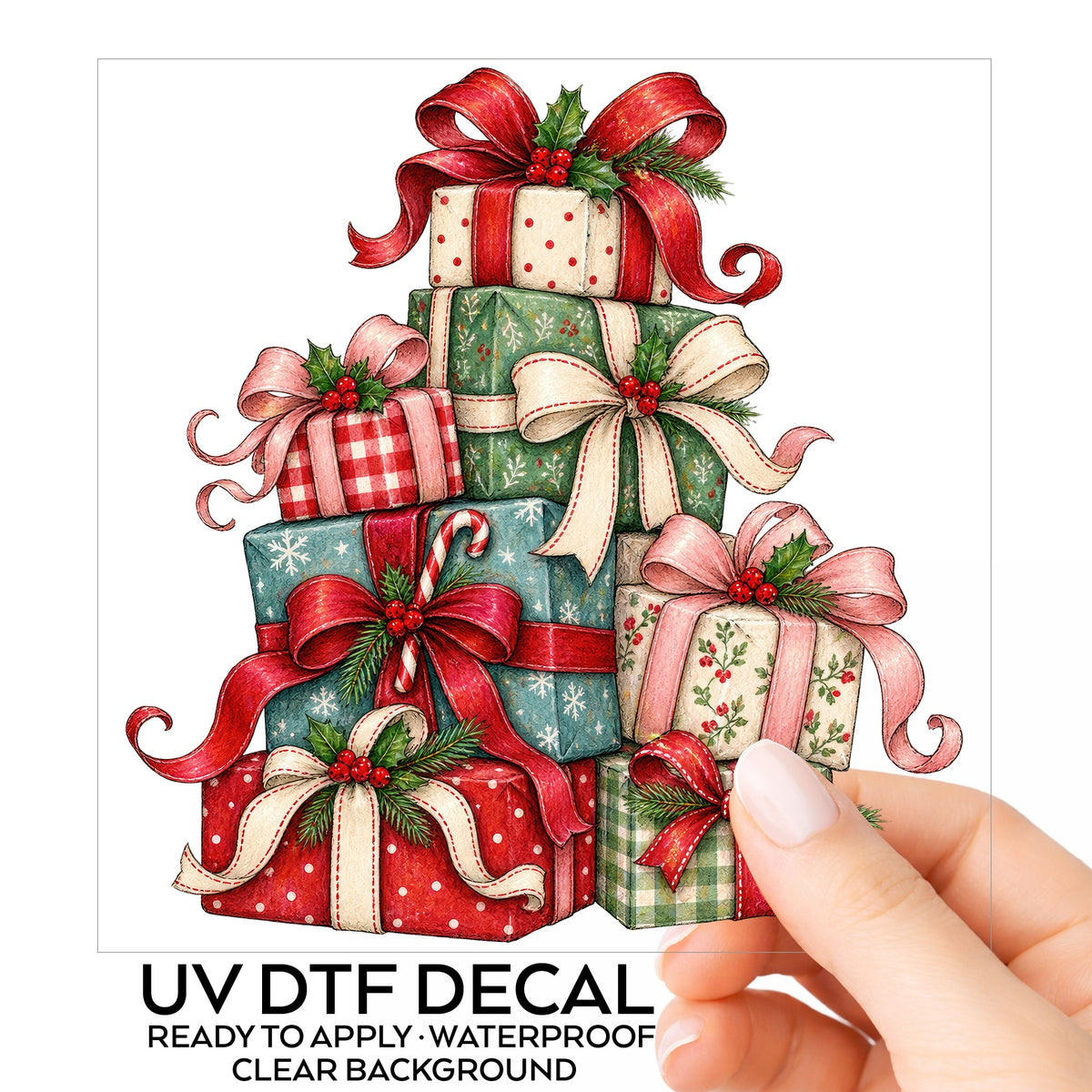 Stack Of Christmas Presents UV DTF sticker on its backing card, held in hand
