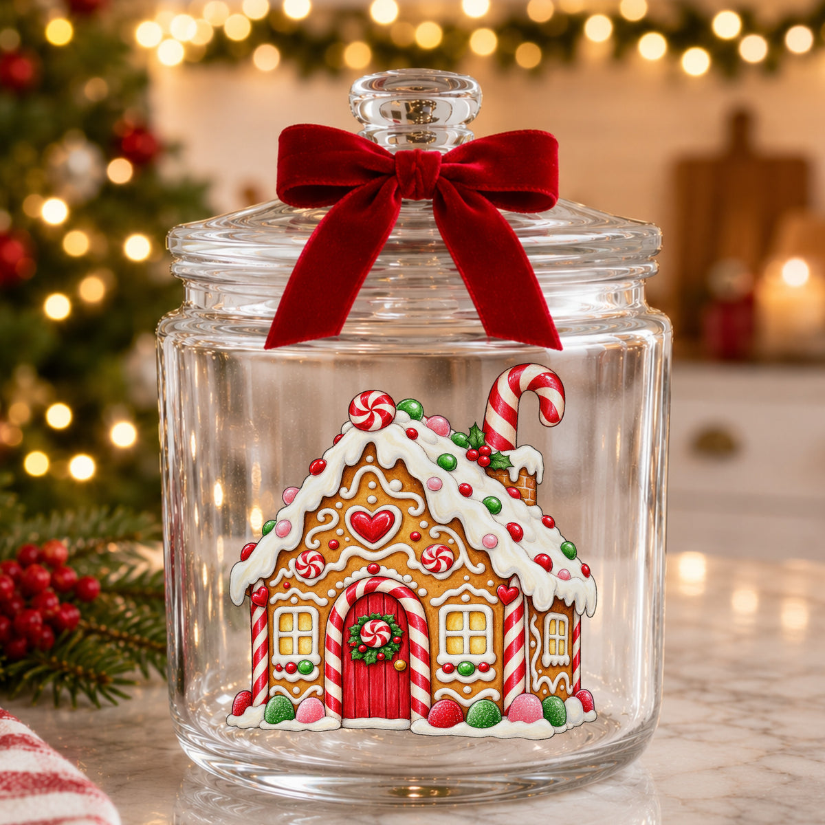 Gingerbread House With Candy UV DTF sticker applied to a glass candy jar tied with a red bow