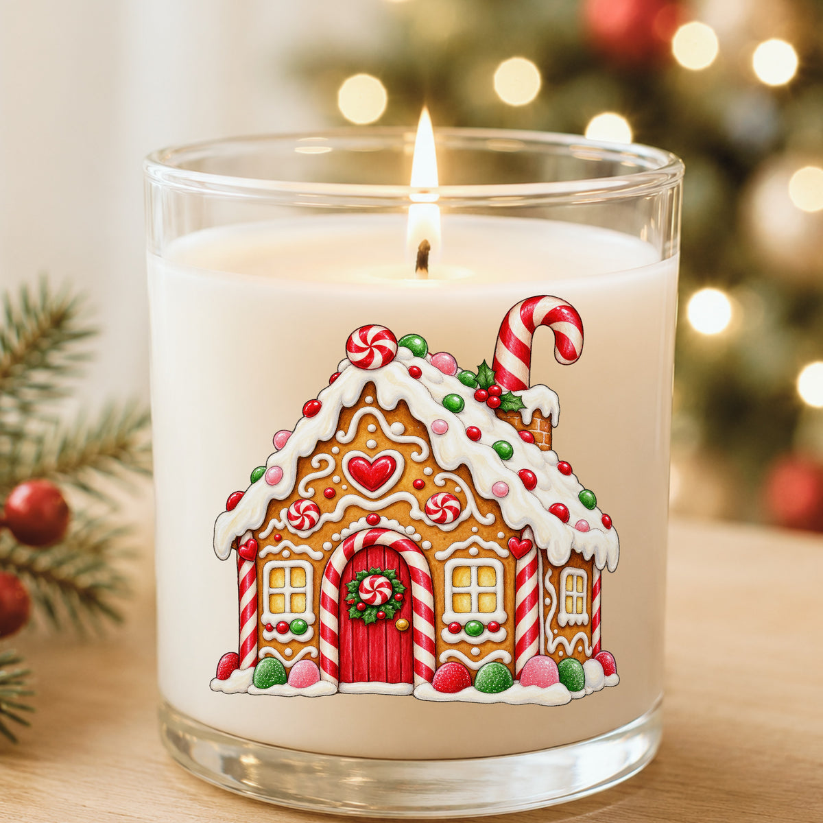 Gingerbread House With Candy UV DTF sticker applied to a white candle in a glass holder near Christmas lights