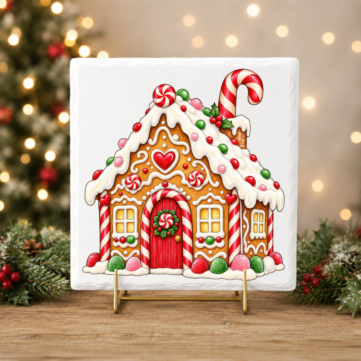 Gingerbread House With Candy UV DTF sticker applied to a white tile on a gold stand