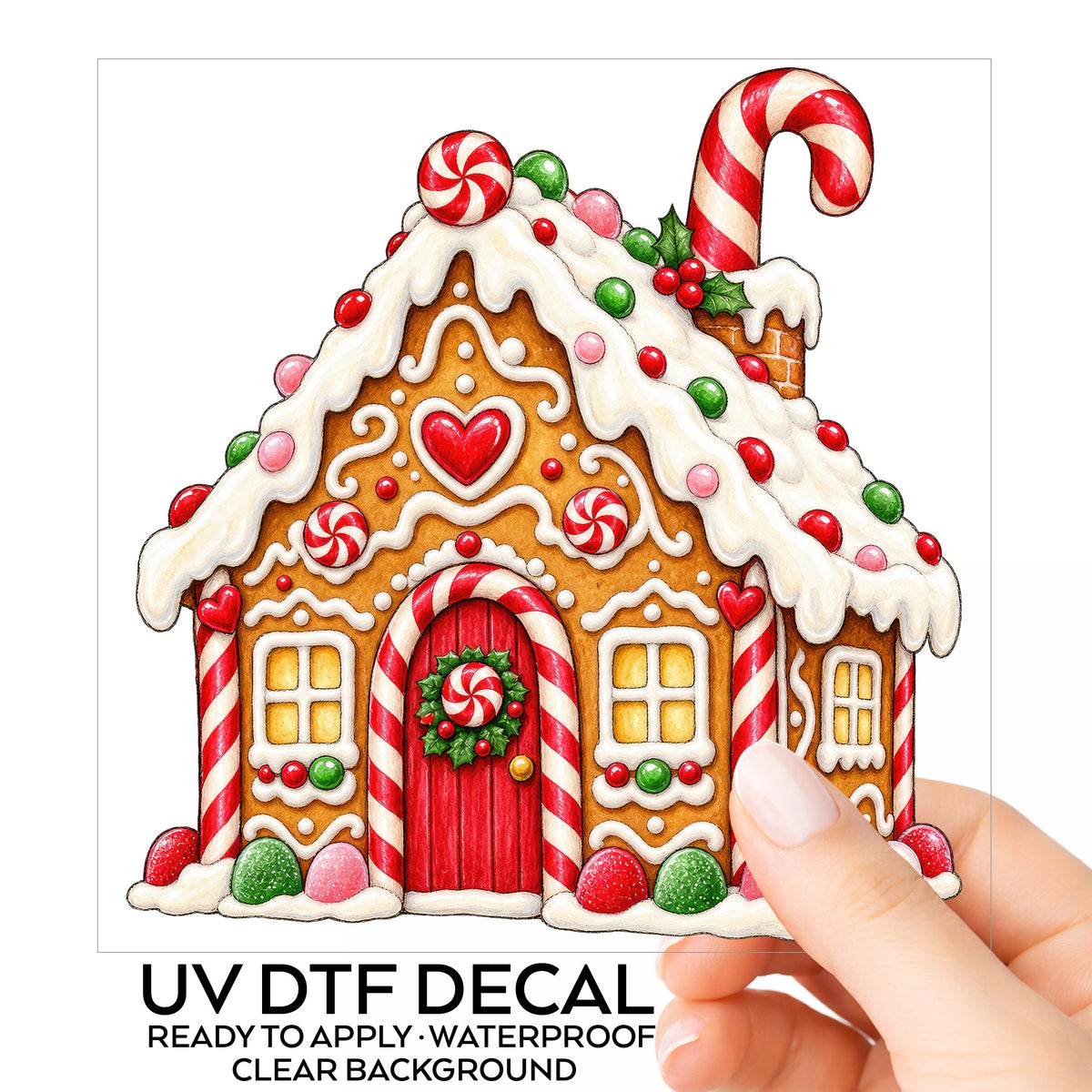 Gingerbread House With Candy UV DTF sticker on its backing card, held in hand