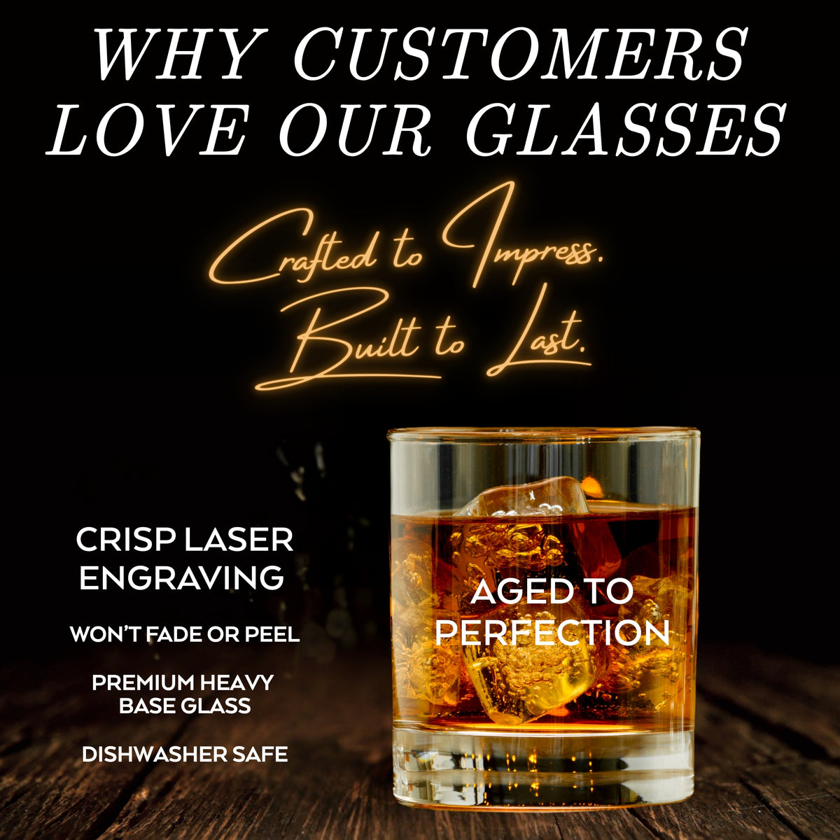 Engraved whiskey glasses with text overlay highlighting laser engraving and quality