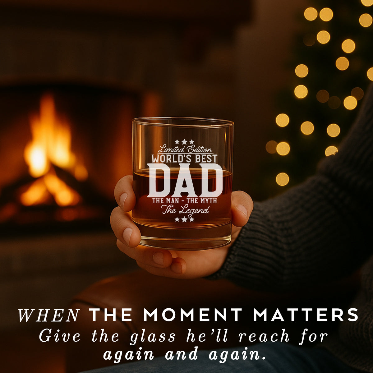 Father holding engraved whiskey glass near fireplace, showcasing cozy gift moment