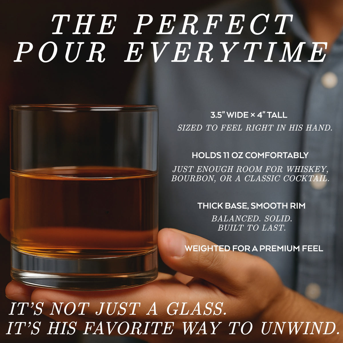 Hand holding engraved whiskey glass near bar with text overlay about quality and durability