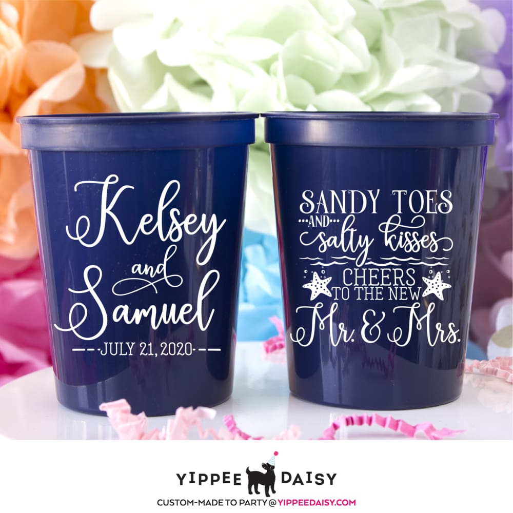 Sandy Toes &amp; Salty Kisses Cheers To The New Mr. &amp; Mrs. Personalized Wedding Stadium Cups - Stadium Cup