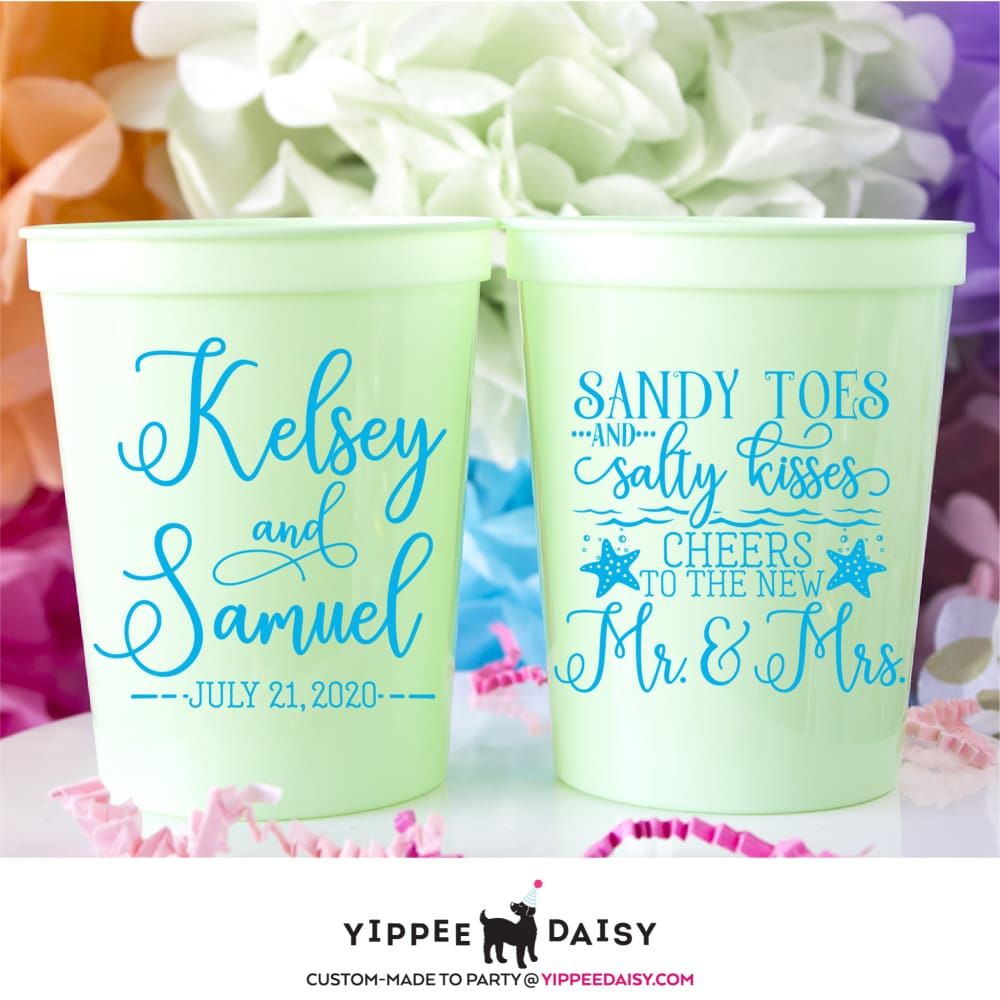 Sandy Toes &amp; Salty Kisses Cheers To The New Mr. &amp; Mrs. Personalized Wedding Stadium Cups - Stadium Cup